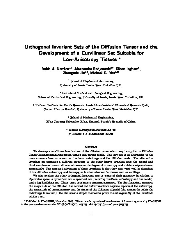 Orthogonal invariant sets of the diffusion tensor and the development of a curvilinear set suitable for low-anisotropy tissues Thumbnail