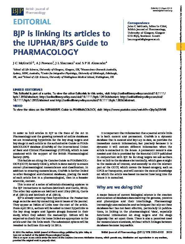 BJP is linking its articles to the IUPHAR/BPS Guide to PHARMACOLOGY Thumbnail