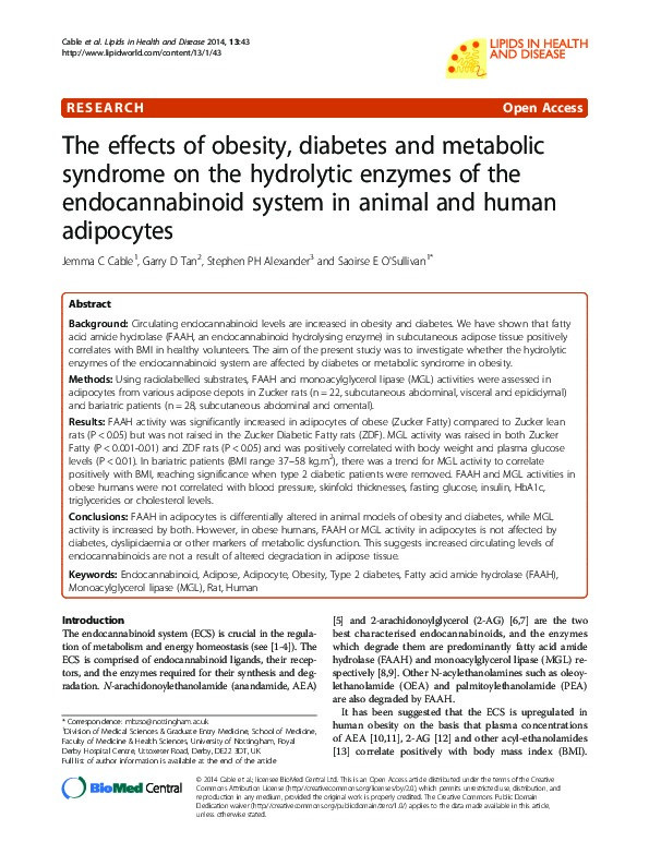 The effects of obesity, diabetes and metabolic syndrome on the hydrolytic enzymes of the endocannabinoid system in animal and human adipocytes Thumbnail