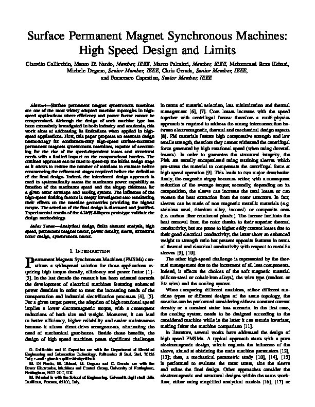 Surface Permanent Magnet Synchronous Machines: High Speed Design and Limits Thumbnail
