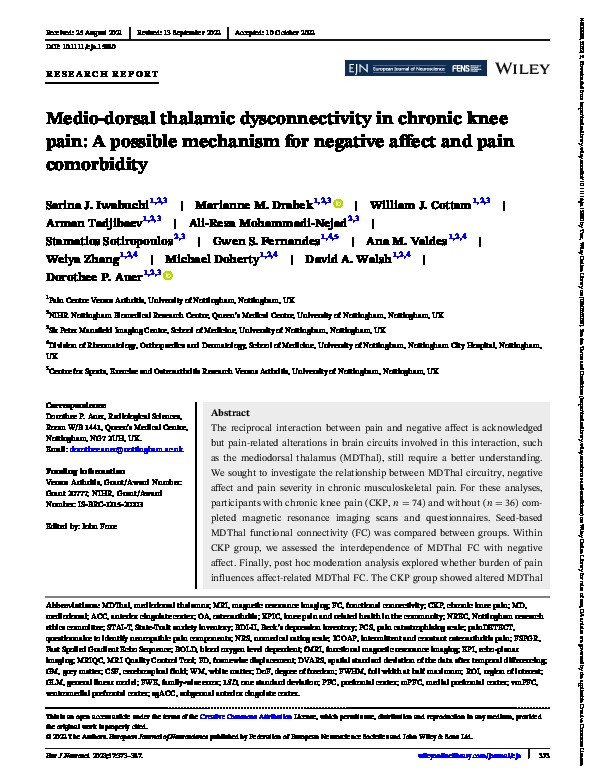 Medio-dorsal thalamic dysconnectivity in chronic knee pain: A possible mechanism for negative affect and pain comorbidity Thumbnail