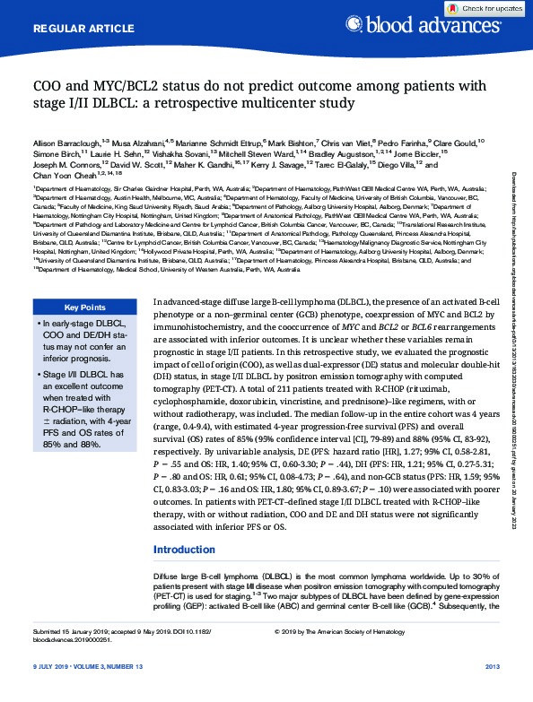 COO and MYC/BCL2 status do not predict outcome among patients with stage I/II DLBCL: a retrospective multicenter study Thumbnail