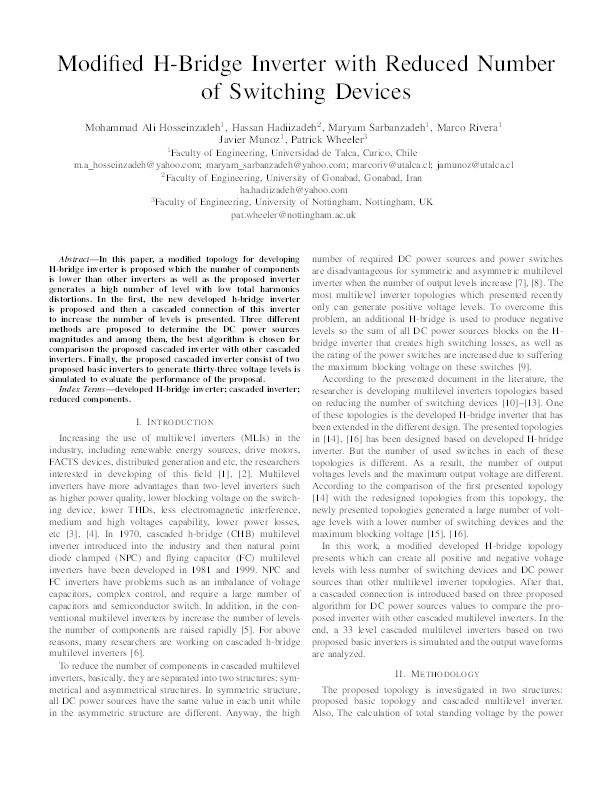 Modified H-bridge inverter with reduced number of switching devices Thumbnail