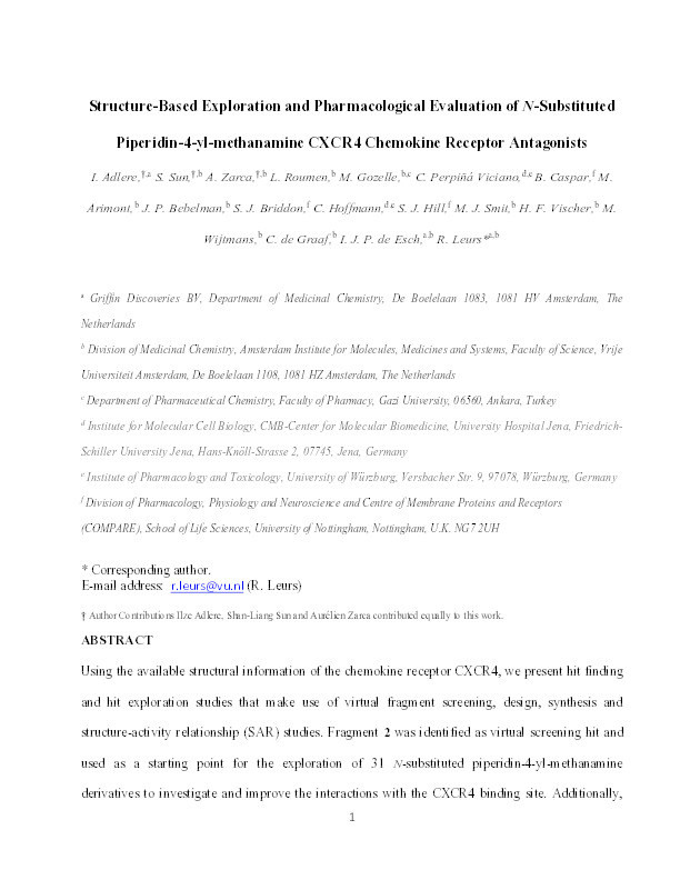 Structure-based exploration and pharmacological evaluation of N-substituted piperidin-4-yl-methanamine CXCR4 chemokine receptor antagonists Thumbnail