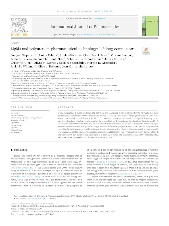 Lipids and polymers in pharmaceutical technology: lifelong companions Thumbnail