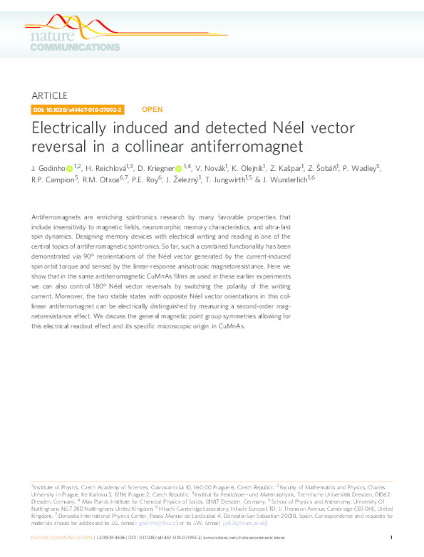 Electrically induced and detected Néel vector reversal in a collinear antiferromagnet Thumbnail