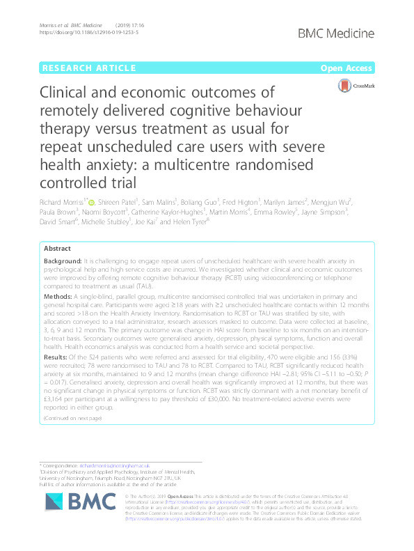 Clinical and economic outcomes of remotely delivered cognitive behaviour therapy versus treatment as usual for repeat unscheduled care users with severe health anxiety: a multi-centre randomised controlled trial Thumbnail