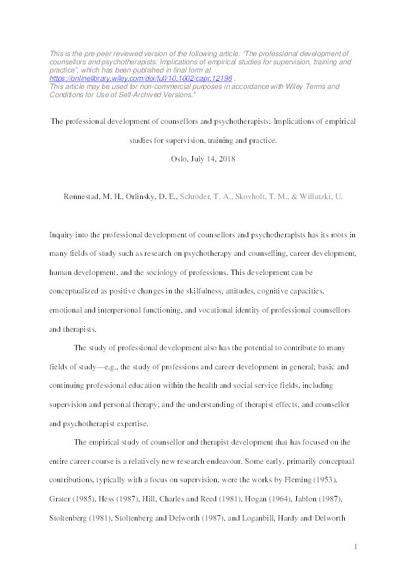 The professional development of counsellors and psychotherapists: Implications of empirical studies for supervision, training and practice Thumbnail