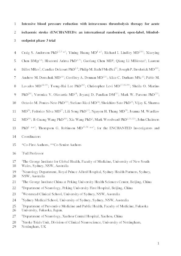 Intensive blood pressure reduction with intravenous thrombolysis therapy for acute ischaemic stroke (ENCHANTED): an international randomised, open-label, blinded-endpoint phase 3 trial Thumbnail