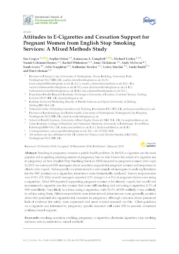 Attitudes to E-Cigarettes and Cessation Support for Pregnant Women from English Stop Smoking Services: A Mixed Methods Study Thumbnail