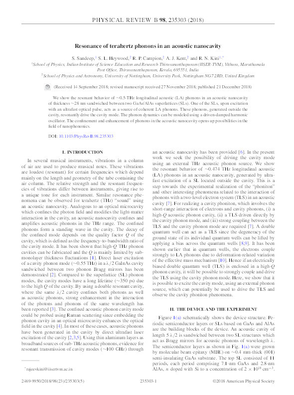 Resonance of terahertz phonons in an acoustic nanocavity Thumbnail