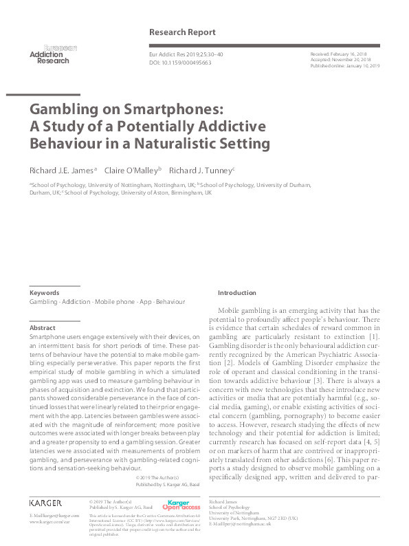 Gambling on smartphones:  a  study of a potentially addictive behaviour in a naturalistic setting Thumbnail