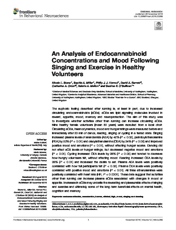 An analysis of endocannabinoid concentrations and mood following singing and exercise in healthy volunteers Thumbnail