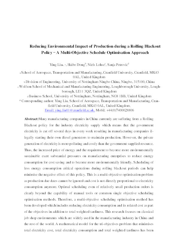 Reducing environmental impact of production during a rolling blackout policy:  a multi-objective schedule optimisation approach Thumbnail