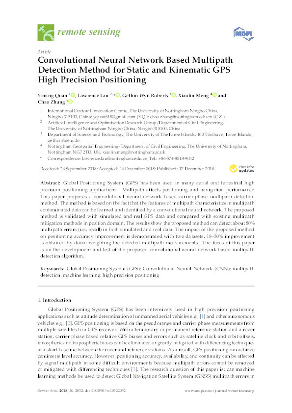 Convolutional neural network based multipath detection method for static and kinematic GPS high precision positioning Thumbnail
