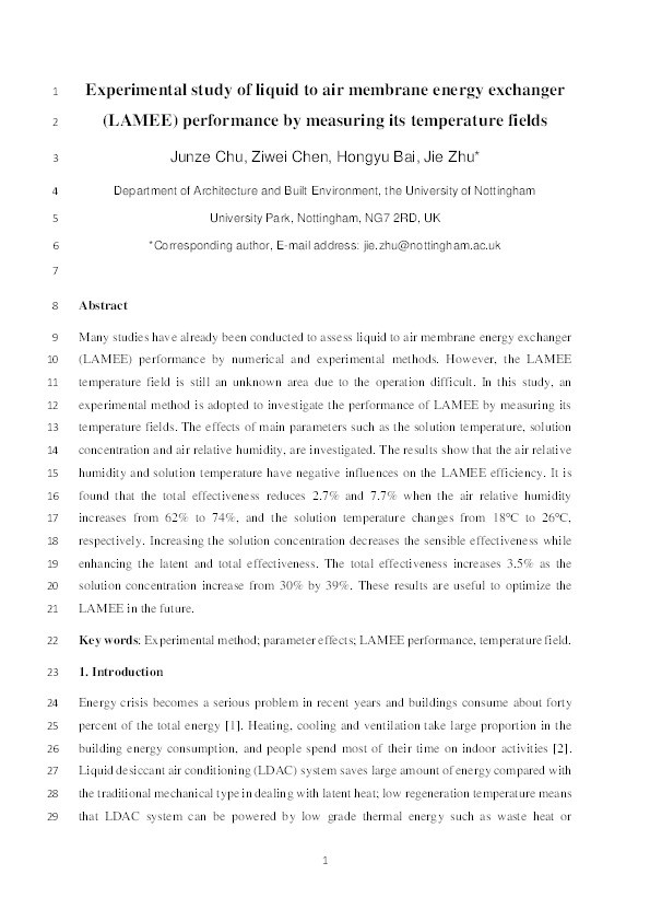 Experimental study of liquid to air membrane energy exchanger (LAMEE) performance by measuring its temperature fields Thumbnail