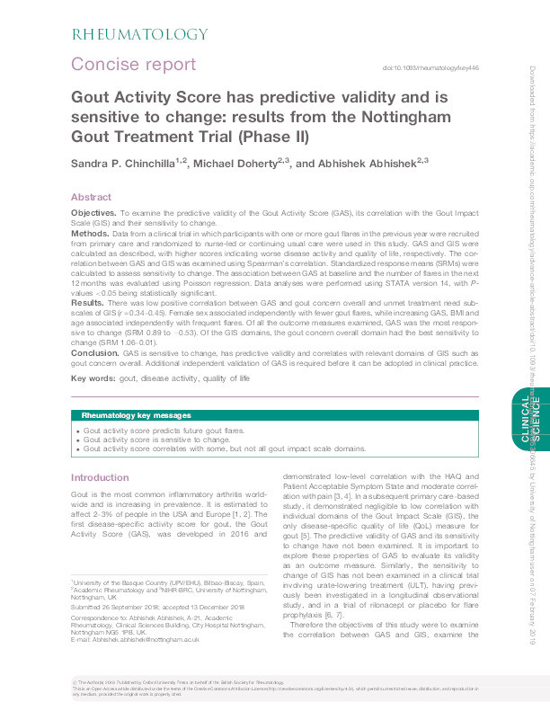 Gout Activity Score has predictive validity and is sensitive to change: results from the Nottingham Gout Treatment Trial (Phase II) Thumbnail