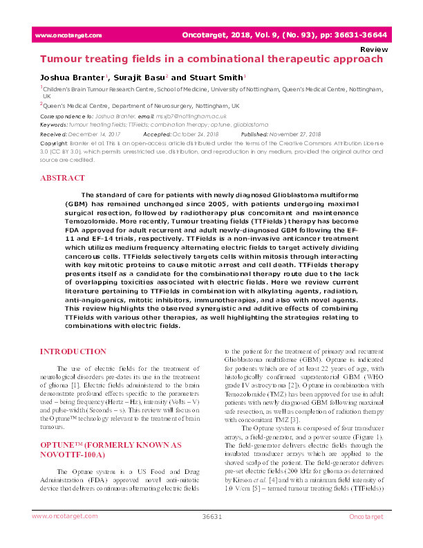 Tumour treating fields in a combinational therapeutic approach Thumbnail