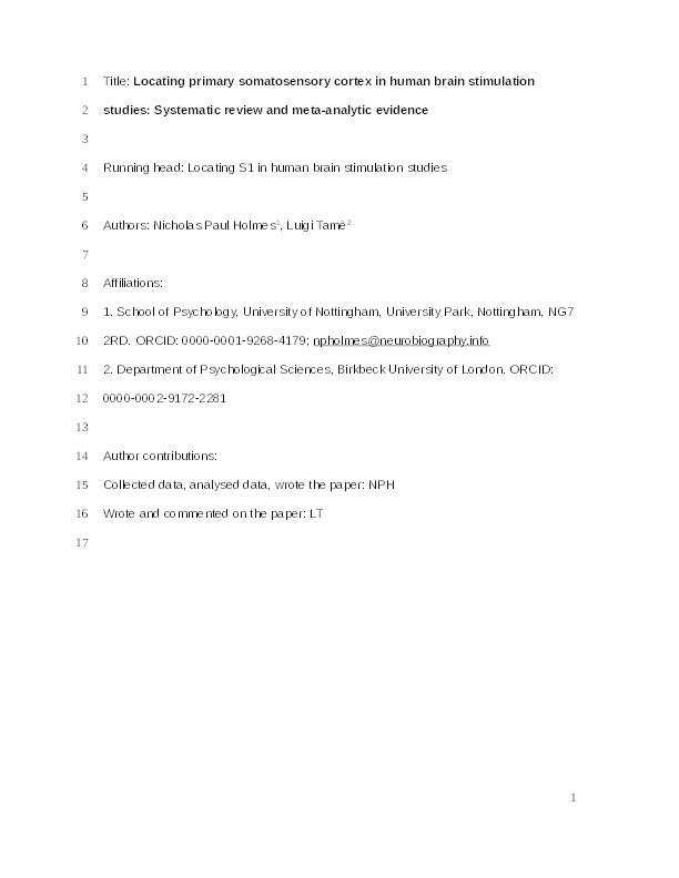Locating primary somatosensory cortex in human brain stimulation studies: systematic review and meta-analytic evidence Thumbnail