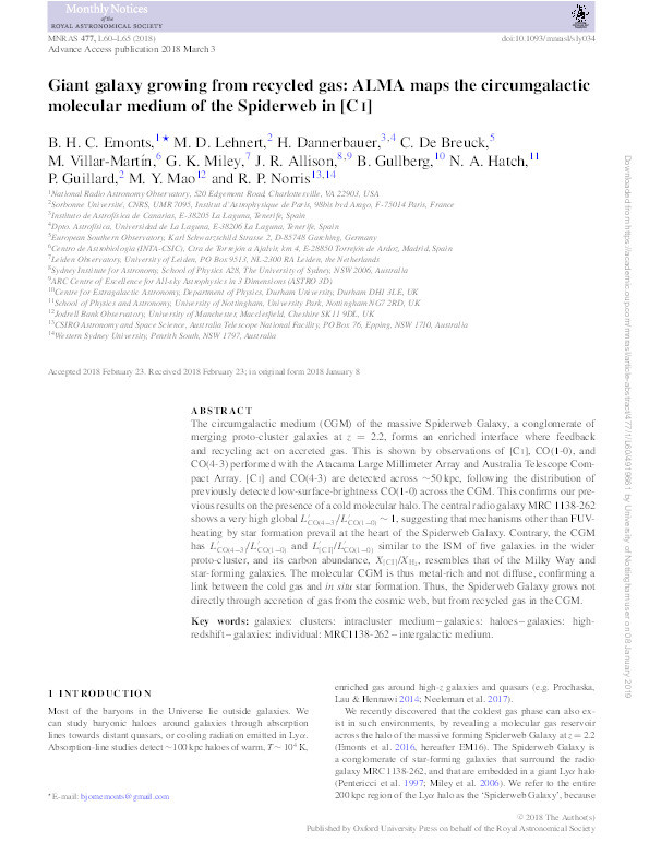 Giant galaxy growing from recycled gas: ALMA maps the circumgalactic molecular medium of the Spiderweb in [C i] Thumbnail