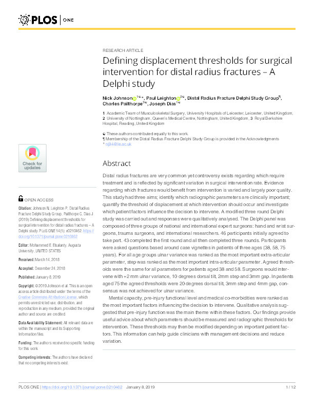 Defining displacement thresholds for surgical intervention for distal radius fractures – a Delphi study Thumbnail