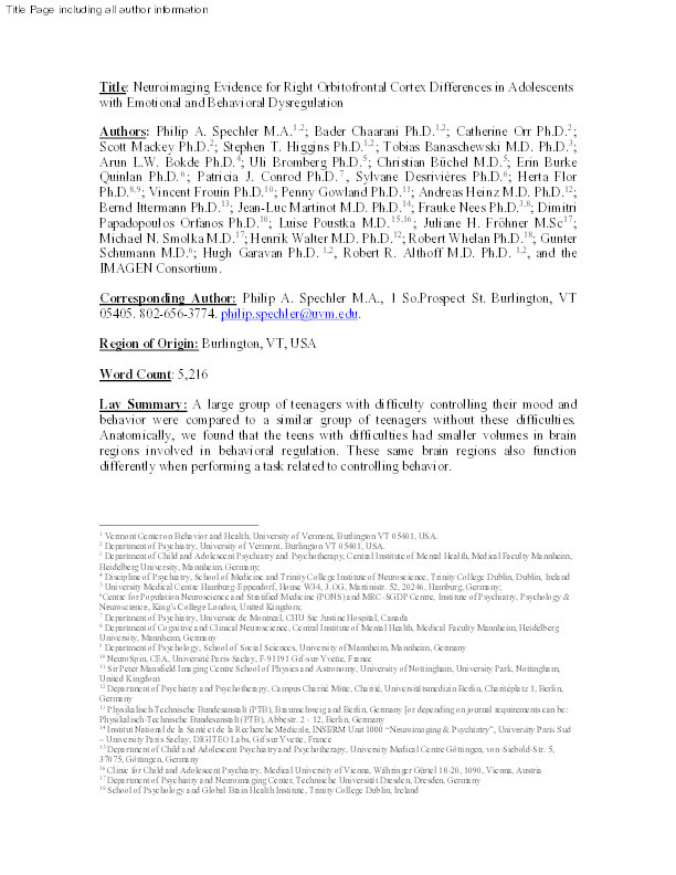 Neuroimaging evidence for right orbitofrontal cortex differences in adolescents with emotional and behavioral dysregulation Thumbnail