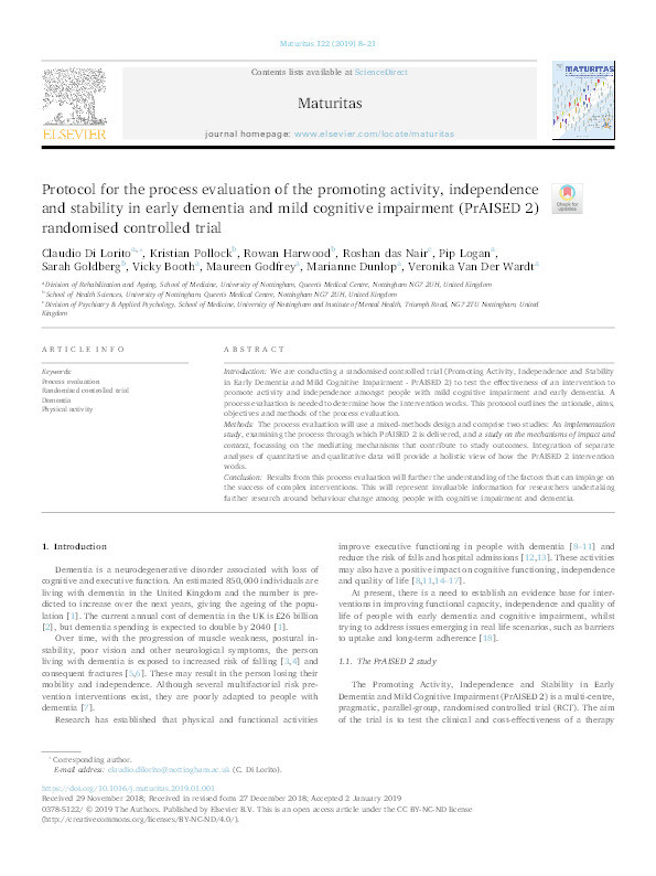 Protocol for the process evaluation of the Promoting Activity, Independence and Stability in Early Dementia and Mild Cognitive Impairment (PrAISED 2) Randomised Controlled Trial Thumbnail