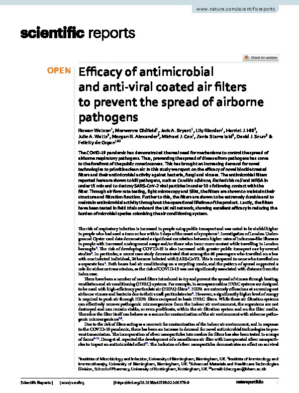 Efficacy of antimicrobial and anti-viral coated air filters to prevent the spread of airborne pathogens Thumbnail