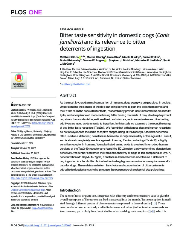 Bitter taste sensitivity in domestic dogs (Canis familiaris) and its relevance to bitter deterrents of ingestion Thumbnail