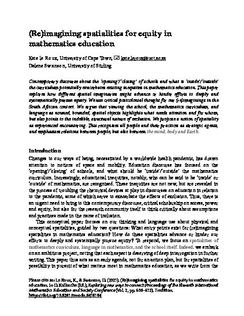 (Re)imagining spatialities for equity in mathematics education Thumbnail