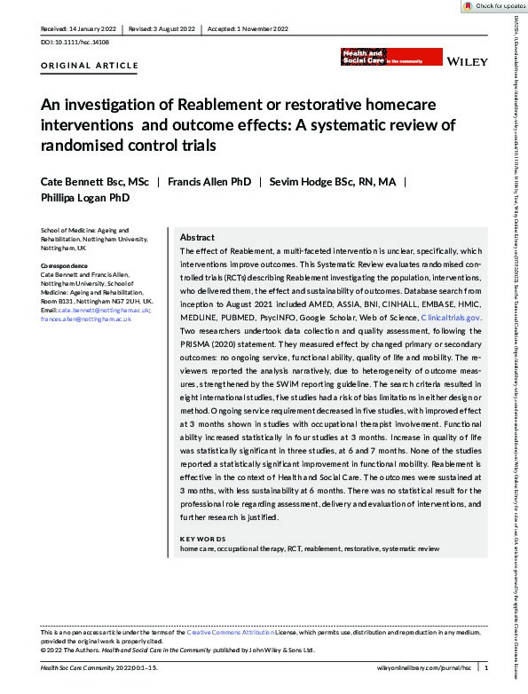 An investigation of Reablement or restorative homecare interventions  and outcome effects: A systematic review of randomised control trials Thumbnail