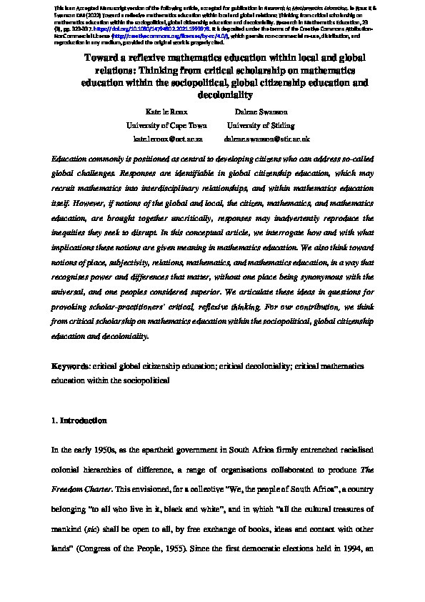 Toward a reflexive mathematics education within local and global relations: thinking from critical scholarship on mathematics education within the sociopolitical, global citizenship education and decoloniality Thumbnail