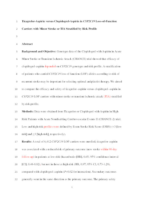 Ticagrelor Aspirin vs Clopidogrel Aspirin in CYP2C19 Loss-of-Function Carriers with Minor Stroke or TIA Stratified by Risk Profile Thumbnail