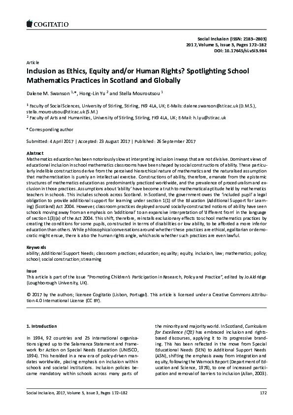 Inclusion as Ethics, Equity and/or Human Rights? Spotlighting School Mathematics Practices in Scotland and Globally Thumbnail