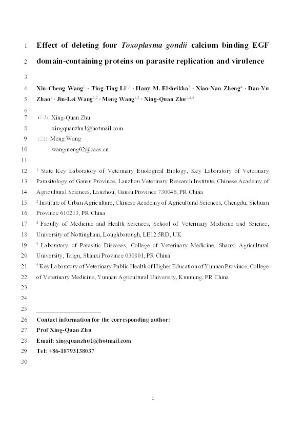 Effect of deleting four Toxoplasma gondii calcium-binding EGF domain-containing proteins on parasite replication and virulence Thumbnail