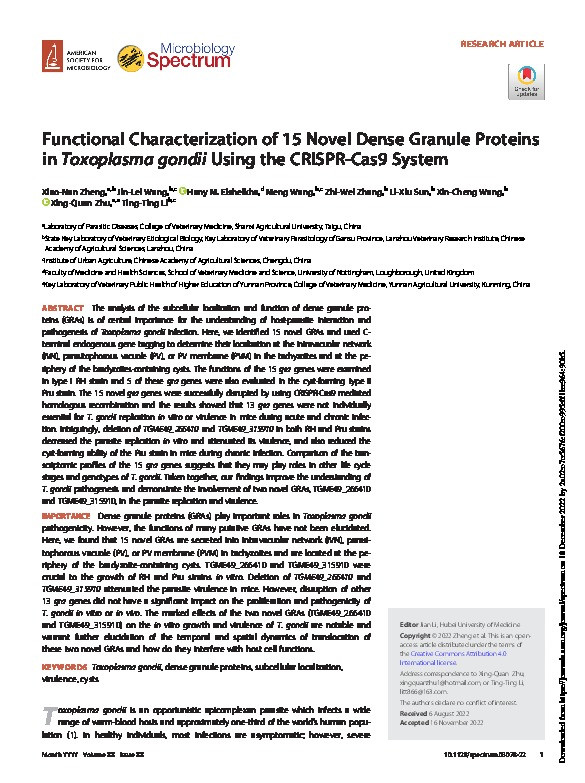 Functional Characterization of 15 Novel Dense Granule Proteins in Toxoplasma gondii Using the CRISPR-Cas9 System Thumbnail