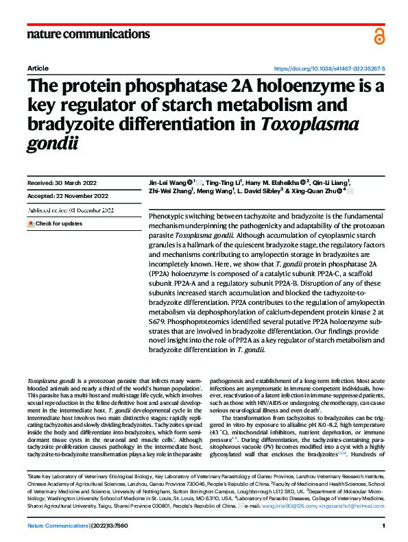 The protein phosphatase 2A holoenzyme is a key regulator of starch metabolism and bradyzoite differentiation in Toxoplasma gondii Thumbnail