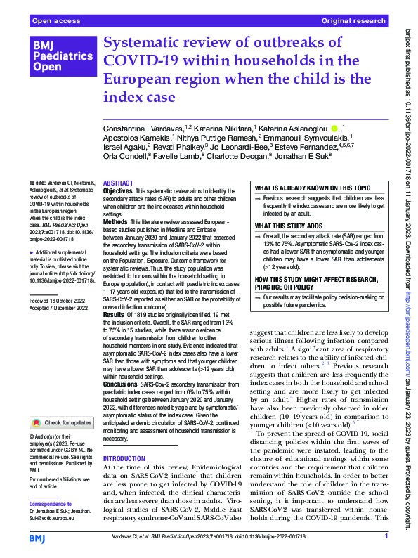 Systematic review of outbreaks of COVID-19 within households in the European region when the child is the index case Thumbnail