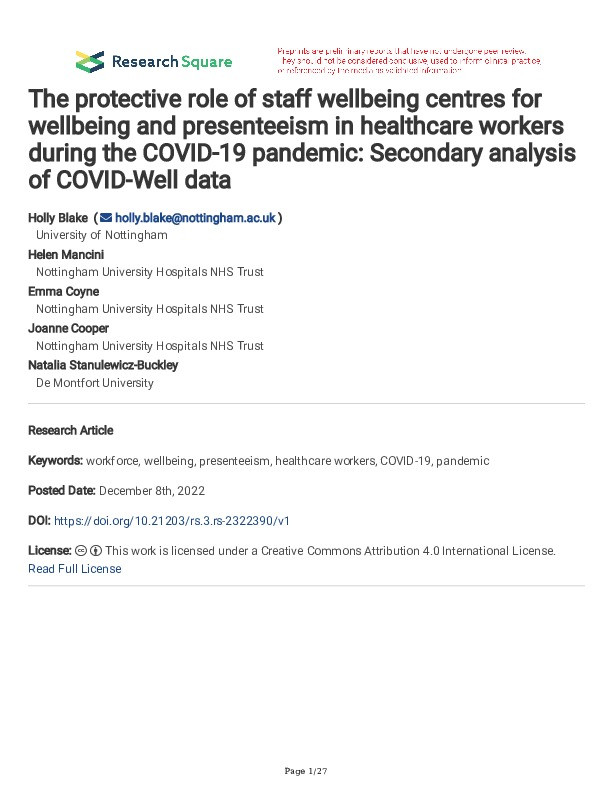 The protective role of staff wellbeing centres for wellbeing and presenteeism in healthcare workers during the COVID-19 pandemic: Secondary analysis of COVID-Well data Thumbnail