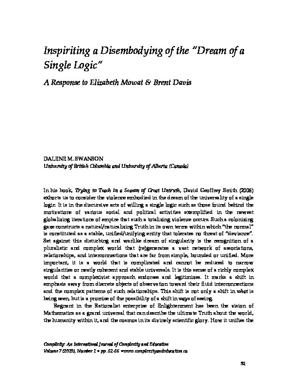 Inspiriting a Disembodying of the "Dream of a Single Logic": A Response to Elizabeth Mowat and Brent Davis Thumbnail