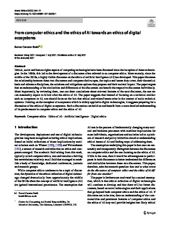 From computer ethics and the ethics of AI towards an ethics of digital ecosystems Thumbnail