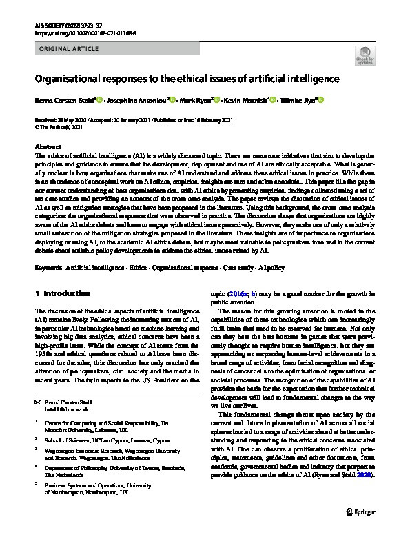 Organisational responses to the ethical issues of artificial intelligence Thumbnail