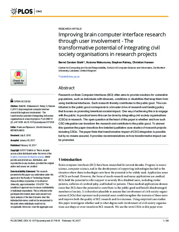 Improving brain computer interface research through user involvement - The transformative potential of integrating civil society organisations in research projects Thumbnail