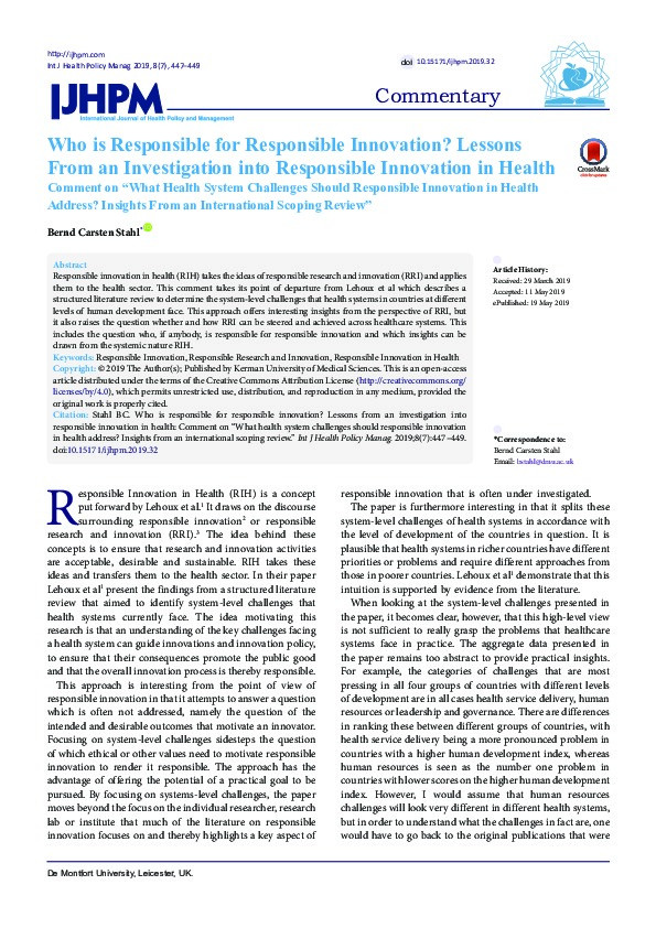Who is Responsible for Responsible Innovation? Lessons From an Investigation into Responsible Innovation in Health Comment on "What Health System Challenges Should Responsible Innovation in Health Address? Insights From an International Scoping Review" Thumbnail