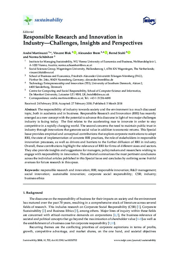 Responsible Research and Innovation in Industry—Challenges, Insights and Perspectives Thumbnail