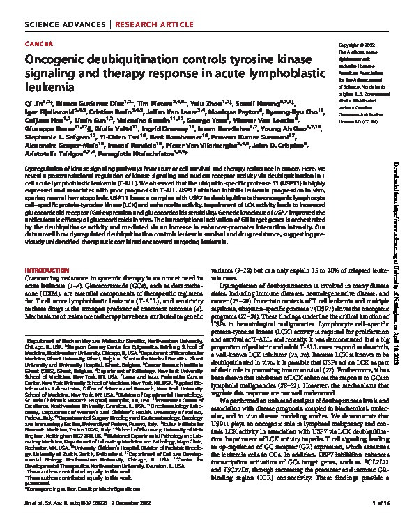 Oncogenic deubiquitination controls tyrosine kinase signaling and therapy response in acute lymphoblastic leukemia Thumbnail