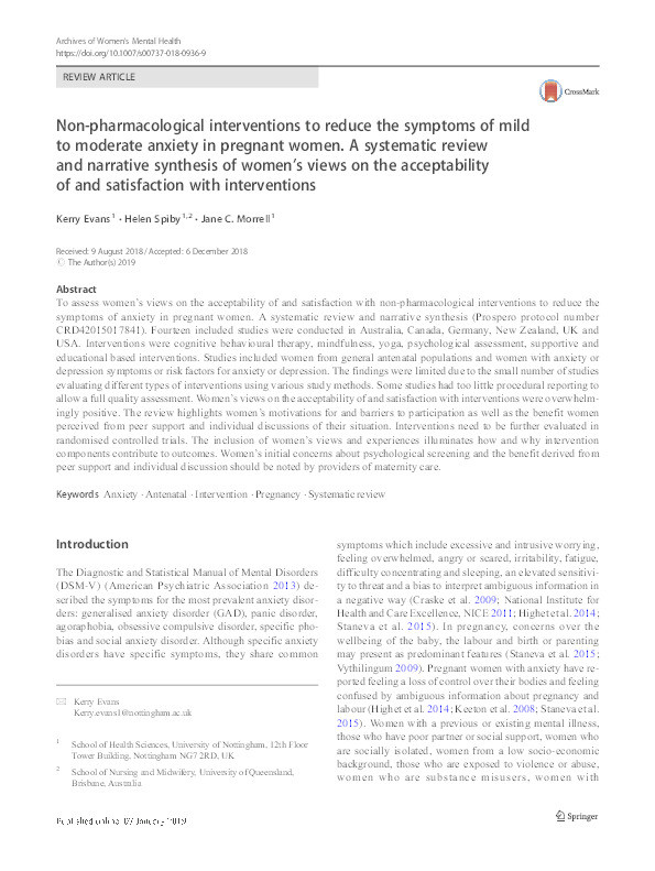 Non-pharmacological interventions to reduce the symptoms of mild to moderate anxiety in pregnant women: a systematic review and narrative synthesis of women’s views on the acceptability of and satisfaction with interventions Thumbnail