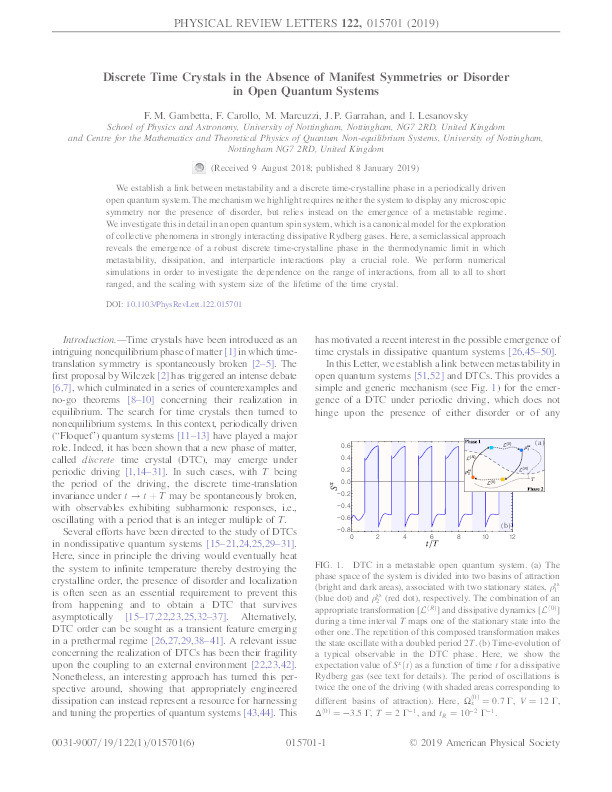 Discrete time crystals in the absence of manifest symmetries or disorder in open quantum systems Thumbnail