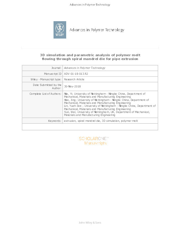 3D simulation and parametric analysis of polymer melt flowing through spiral mandrel die for pipe extrusion Thumbnail