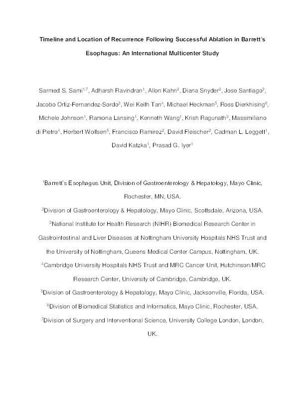 Timeline and location of recurrence following successful ablation in Barrett’s oesophagus: an international multicentre study Thumbnail
